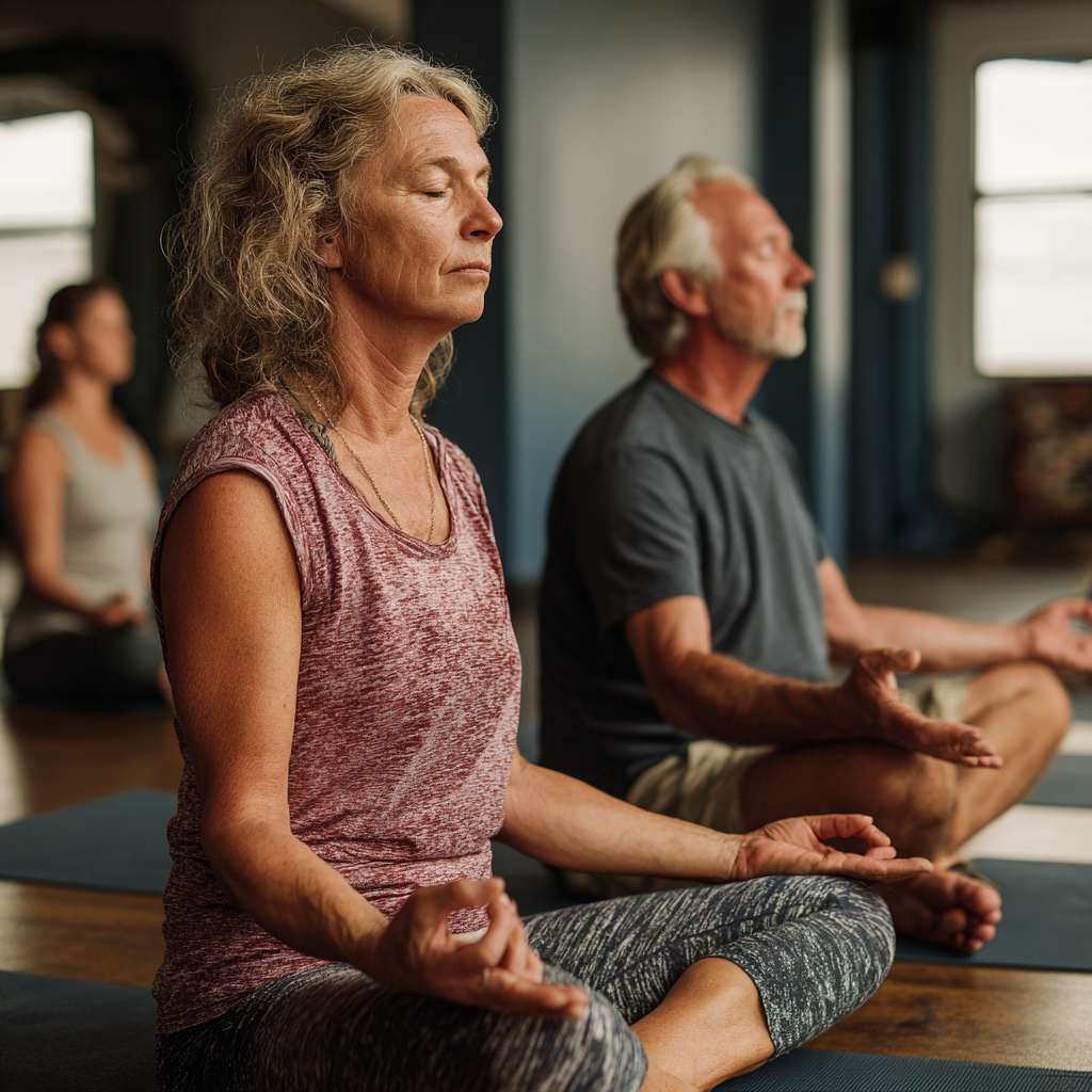 Older adults practicing yoga in peaceful studio environment